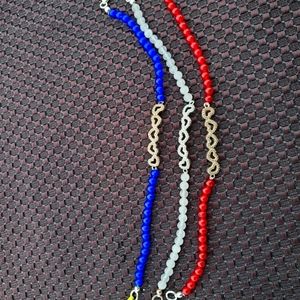 3 Bead and Heart Bracelets. Lobster clasp. Red, White and Blue